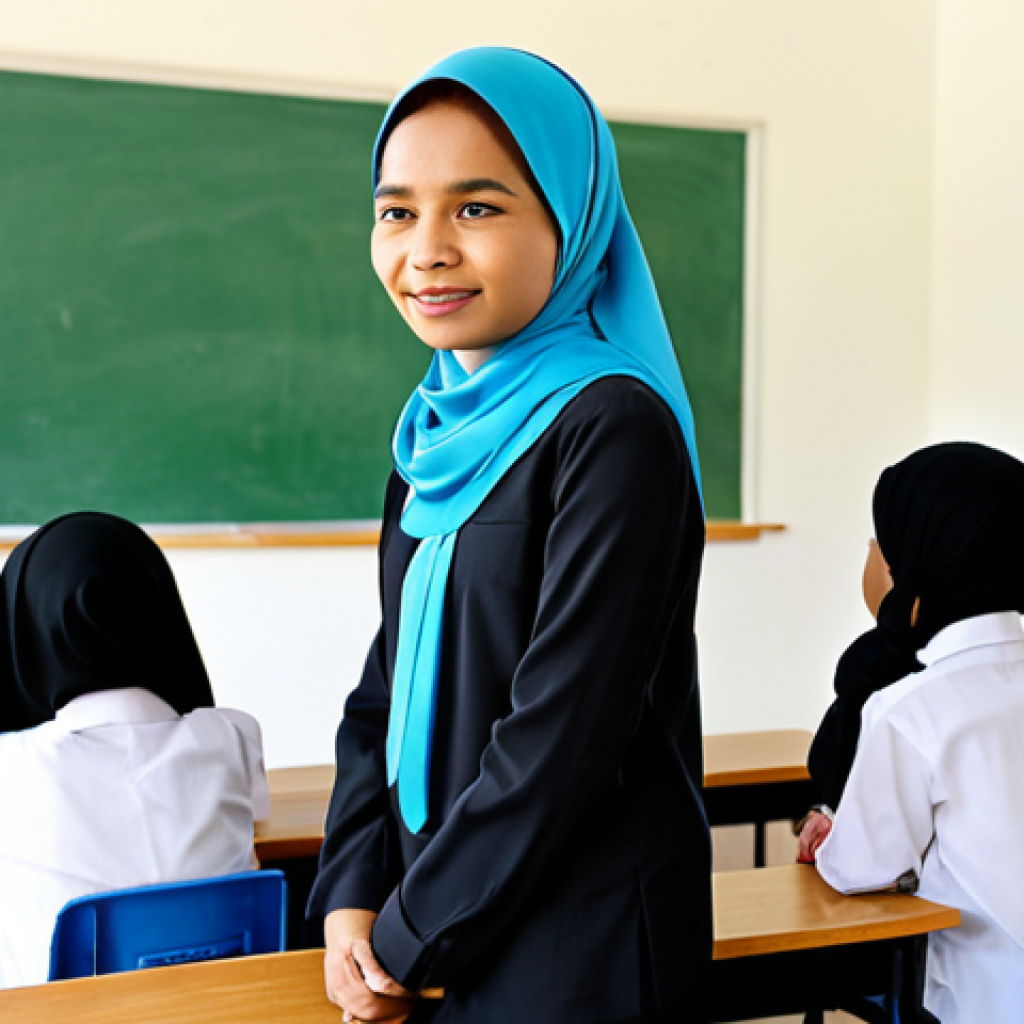 A professional Malaysian female teacher, wearing a modest and appropriate long-sleeved blouse with a headscarf (tudung), attentively listening to a diverse group of primary school students in a brightly lit, modern classroom. Students are in neat school uniforms, engaged in a calm and respectful discussion, with expressions of comfort and understanding. The atmosphere is warm, inclusive, and supportive, reflecting a safe learning environment. The background shows subtle classroom decorations that embrace cultural diversity. Full shot, perfect anatomy, correct proportions, natural pose, well-formed hands, proper finger count. Professional photography, high-resolution, soft studio lighting. safe for work, appropriate content, fully clothed, professional, family-friendly.