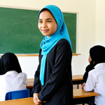A professional Malaysian female teacher, wearing a modest and appropriate long-sleeved blouse with a headscarf (tudung), attentively listening to a diverse group of primary school students in a brightly lit, modern classroom. Students are in neat school uniforms, engaged in a calm and respectful discussion, with expressions of comfort and understanding. The atmosphere is warm, inclusive, and supportive, reflecting a safe learning environment. The background shows subtle classroom decorations that embrace cultural diversity. Full shot, perfect anatomy, correct proportions, natural pose, well-formed hands, proper finger count. Professional photography, high-resolution, soft studio lighting. safe for work, appropriate content, fully clothed, professional, family-friendly.