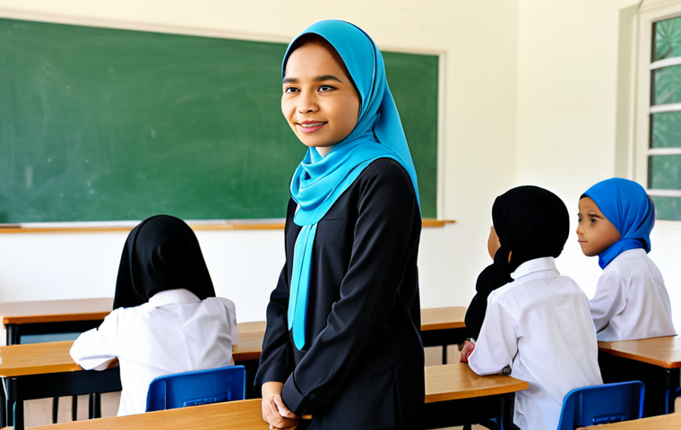 A professional Malaysian female teacher, wearing a modest and appropriate long-sleeved blouse with a headscarf (tudung), attentively listening to a diverse group of primary school students in a brightly lit, modern classroom. Students are in neat school uniforms, engaged in a calm and respectful discussion, with expressions of comfort and understanding. The atmosphere is warm, inclusive, and supportive, reflecting a safe learning environment. The background shows subtle classroom decorations that embrace cultural diversity. Full shot, perfect anatomy, correct proportions, natural pose, well-formed hands, proper finger count. Professional photography, high-resolution, soft studio lighting. safe for work, appropriate content, fully clothed, professional, family-friendly.