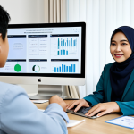 A professional Malaysian female teacher in a modest blazer and baju kurung, seated at a modern desk with a laptop, actively engaging with a diverse group of students visible on the virtual classroom interface. The screen displays interactive elements like a small poll chart and collaborative document sections. The background is a clean, bright home office with subtle educational decor. High-resolution, professional photography, natural pose, well-formed hands, proper finger count, perfect anatomy, correct proportions, natural body proportions, safe for work, appropriate content, fully clothed, professional, family-friendly.