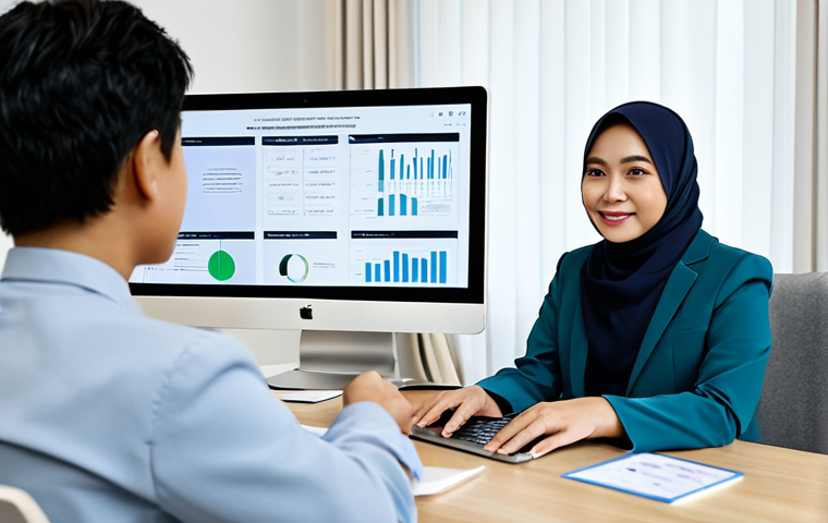 A professional Malaysian female teacher in a modest blazer and baju kurung, seated at a modern desk with a laptop, actively engaging with a diverse group of students visible on the virtual classroom interface. The screen displays interactive elements like a small poll chart and collaborative document sections. The background is a clean, bright home office with subtle educational decor. High-resolution, professional photography, natural pose, well-formed hands, proper finger count, perfect anatomy, correct proportions, natural body proportions, safe for work, appropriate content, fully clothed, professional, family-friendly.