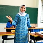 **Subject:** A professional female teacher in Malaysia, fully clothed in a modest baju kurung, standing in a bright and welcoming primary school classroom. **Environment:** Colorful educational posters on the walls, desks arranged neatly, safe for work, appropriate content, professional setting. **Quality Modifiers:** Perfect anatomy, correct proportions, natural pose, well-formed hands, proper finger count, natural body proportions, high resolution, professional photography, family-friendly.