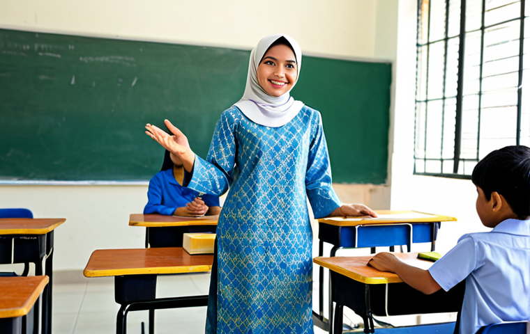 **Subject:** A professional female teacher in Malaysia, fully clothed in a modest baju kurung, standing in a bright and welcoming primary school classroom. **Environment:** Colorful educational posters on the walls, desks arranged neatly, safe for work, appropriate content, professional setting. **Quality Modifiers:** Perfect anatomy, correct proportions, natural pose, well-formed hands, proper finger count, natural body proportions, high resolution, professional photography, family-friendly.