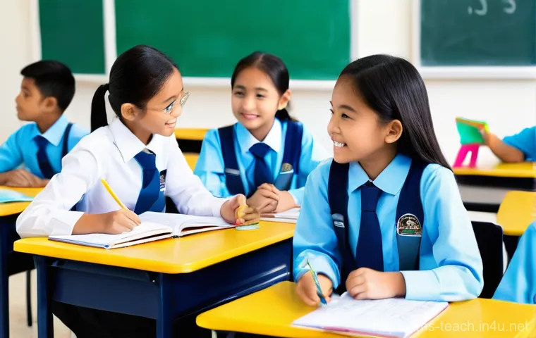 교사 코티칭 Co Teaching 사례 - **"One Teach, One Assist" Collaborative Classroom**
A bright, modern Malaysian primary school cl...