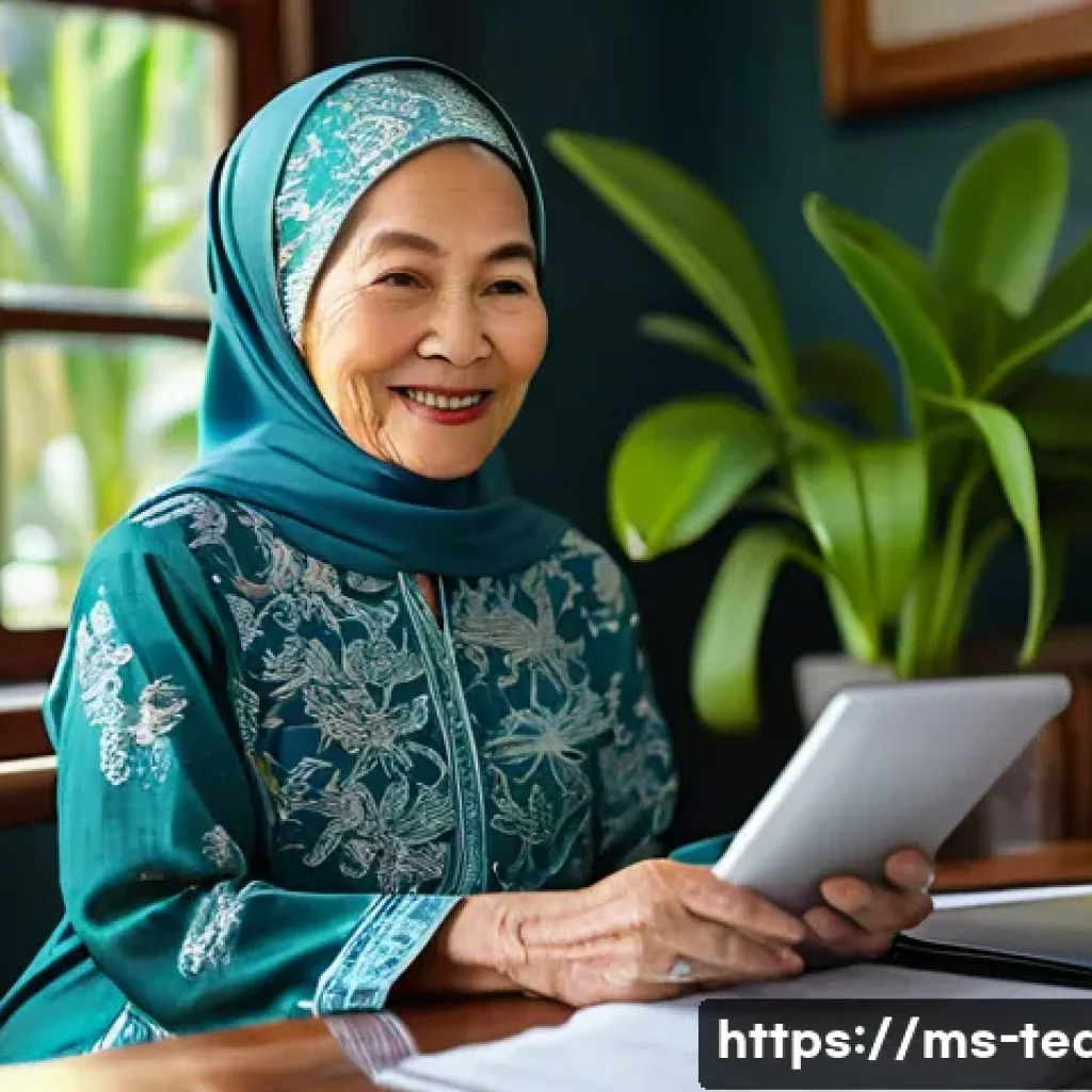 교사 정년 이후 계획 세우기 - **Prompt:** A serene and wise retired Malay woman, in her late 60s, wearing a modest, elegant batik-...