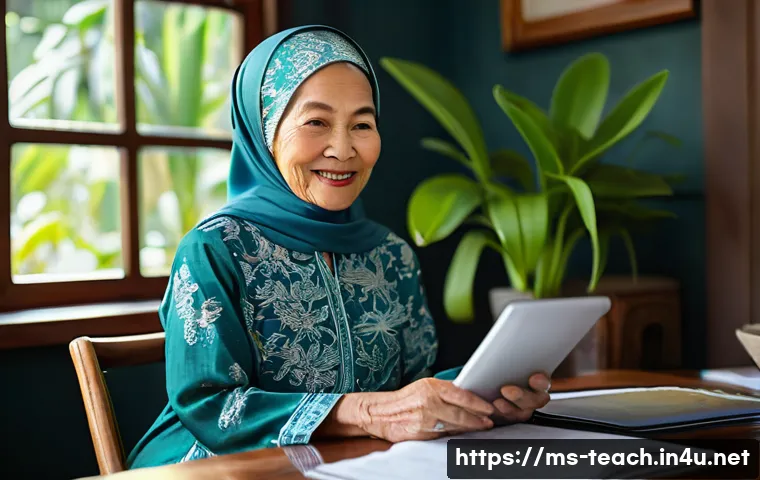 교사 정년 이후 계획 세우기 - **Prompt:** A serene and wise retired Malay woman, in her late 60s, wearing a modest, elegant batik-...