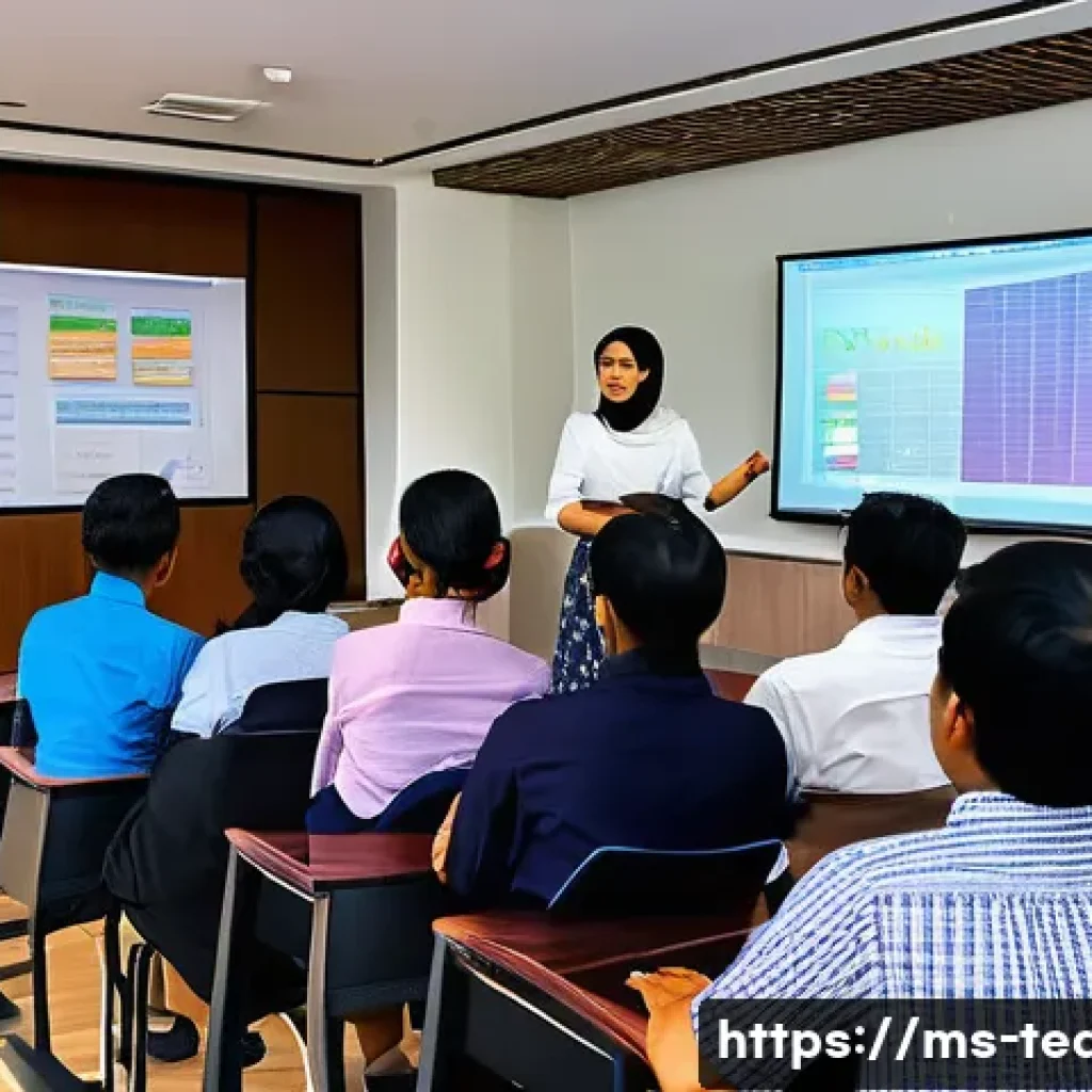 교사 연수 결과 보고서 작성법 - A professional teacher training session in a modern Malaysian classroom setting, showing a diverse g...