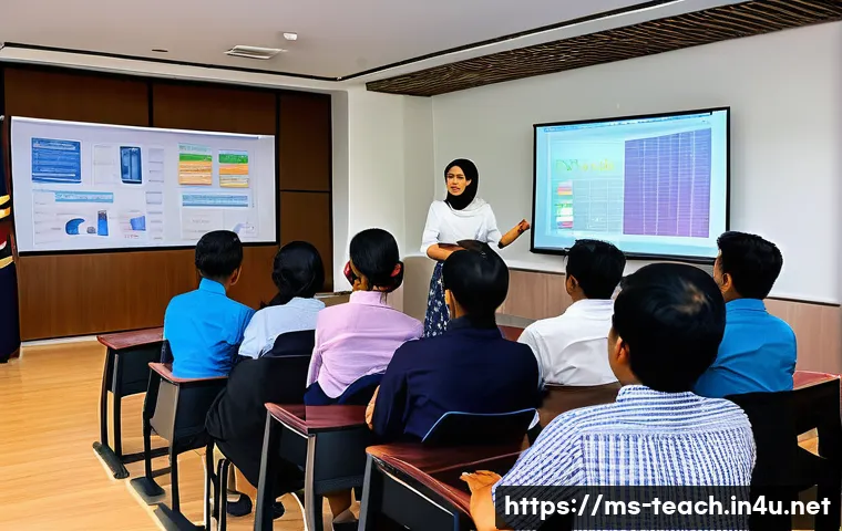 교사 연수 결과 보고서 작성법 - A professional teacher training session in a modern Malaysian classroom setting, showing a diverse g...