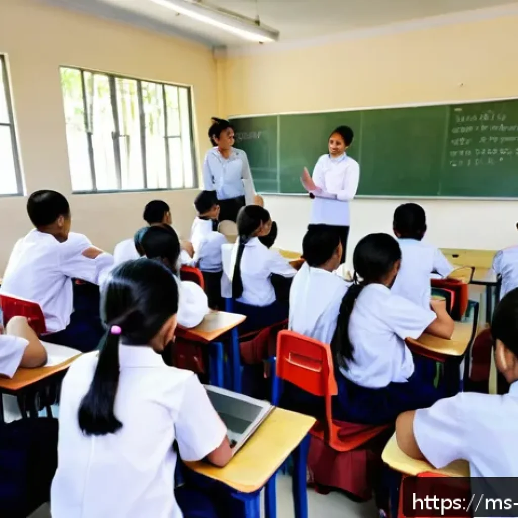 교사 논술 지도 사례 - A vibrant classroom scene in a Malaysian primary school where diverse young students, wearing modest...