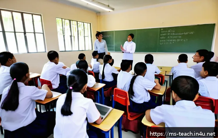 교사 논술 지도 사례 - A vibrant classroom scene in a Malaysian primary school where diverse young students, wearing modest...