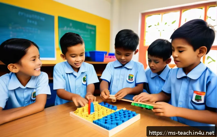 교사 교재 선택 요령 - A vibrant classroom scene in a Malaysian primary school featuring a diverse group of children aged a...