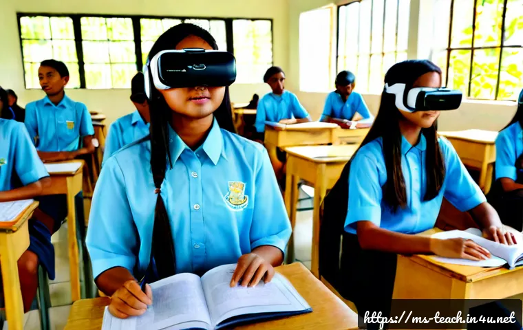 교사 AR VR 수업 활용 사례 - Photorealistic Malaysian secondary school classroom, a Malay teacher wearing modest professional att...