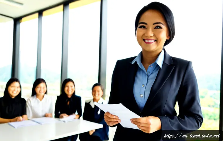 교사 이직 성공 사례 공유 - Photorealistic Malaysian former schoolteacher celebrating a successful career transition in a bright...